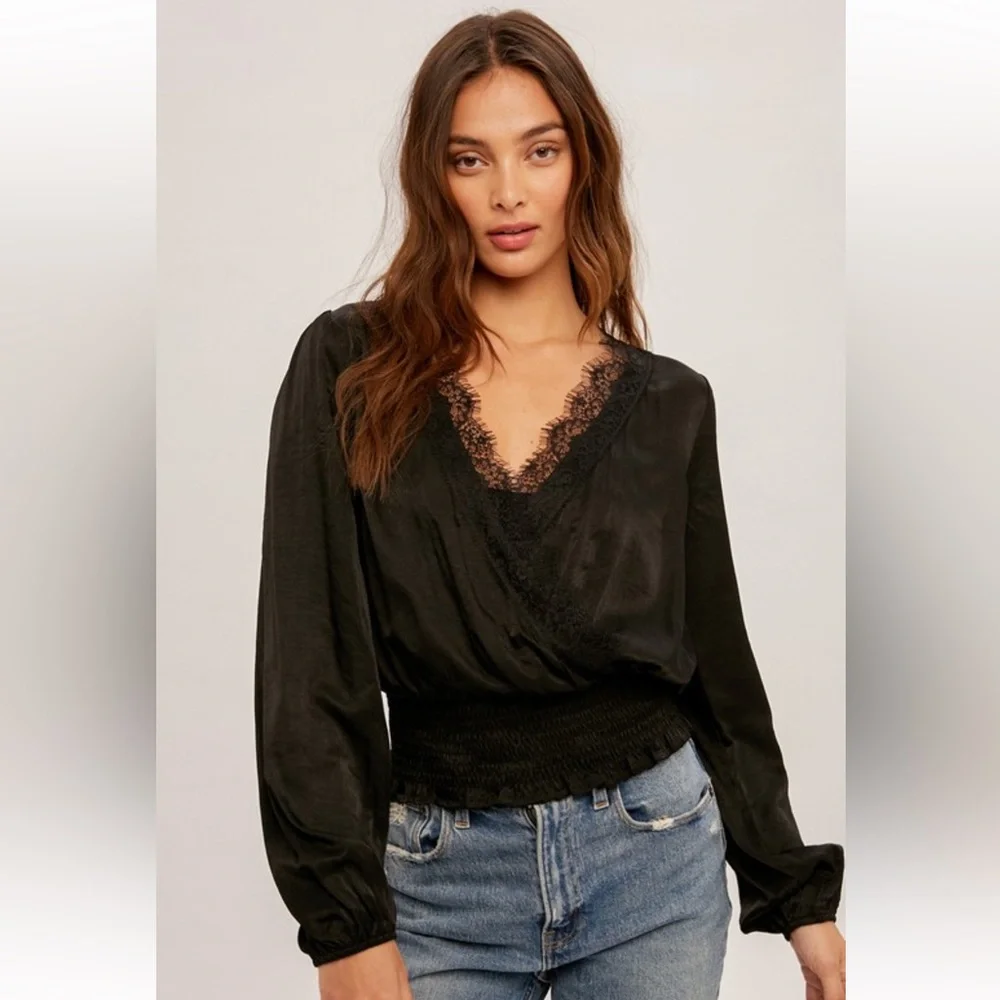 Surplice Lace Trimmed Smock Waist Satin Blouse - Picture 1 of 3